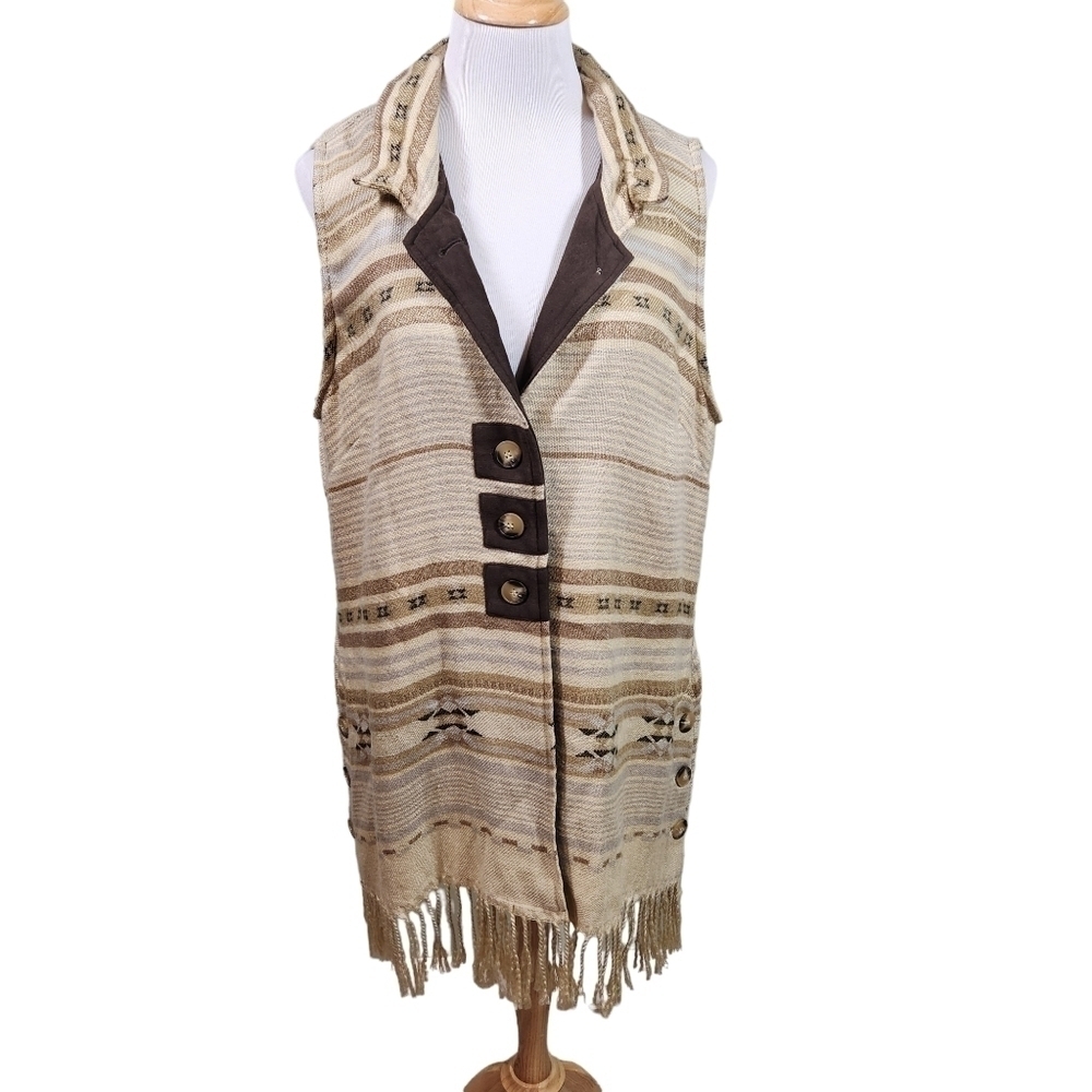 John Mark Sweater Vest Southwestern Boho Brown/Beige Fringe sz XL